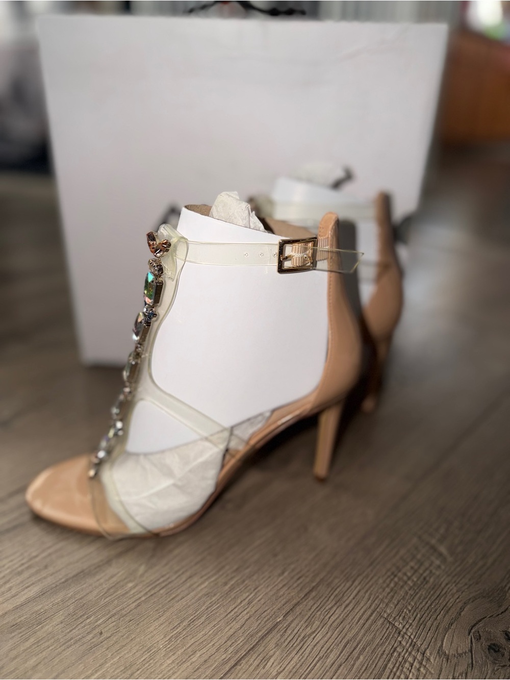 NEW IN BOX ALDO Crystal-Embellished Nude & Clear High Heel Sandals - Women